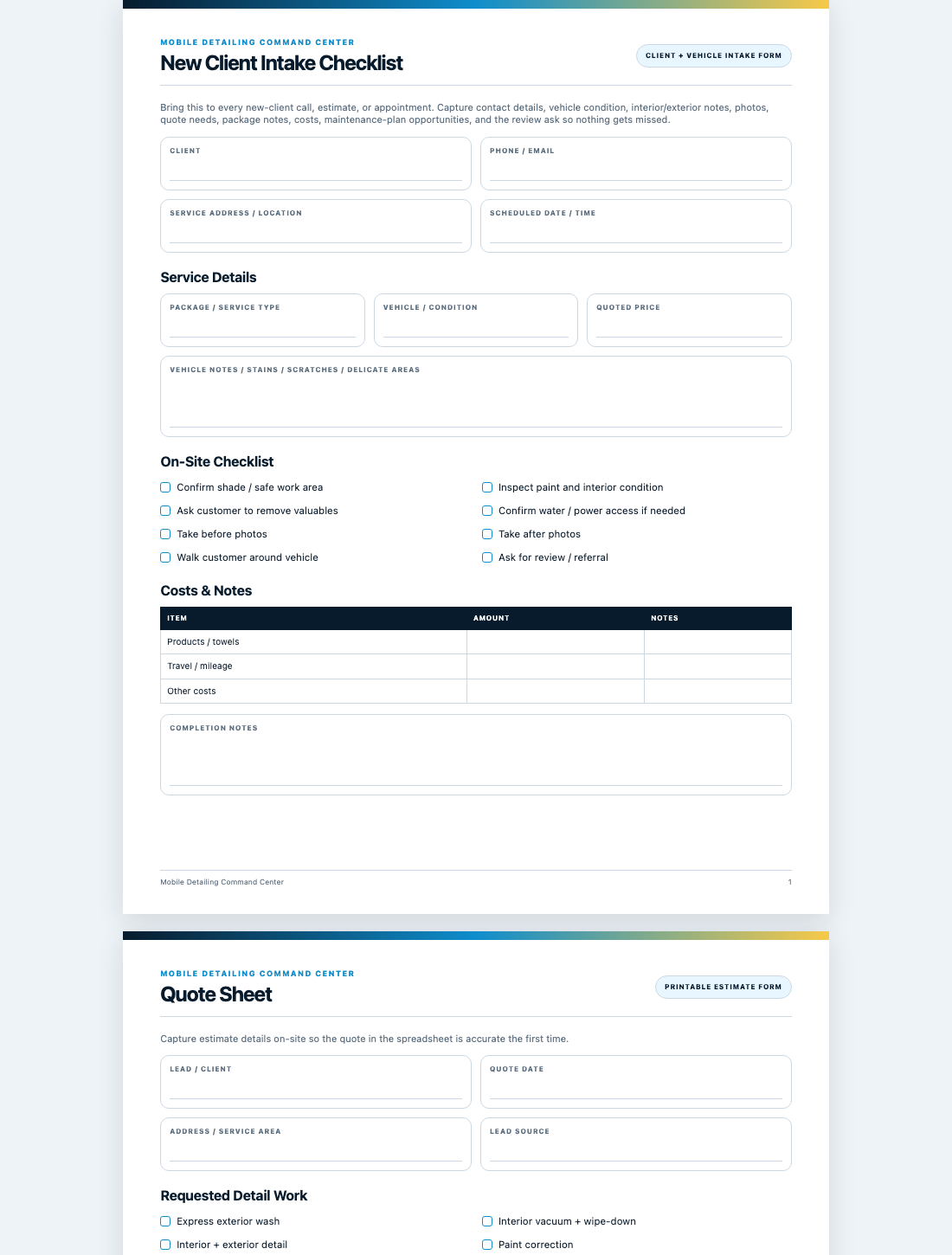 Mobile Detailing client intake preview